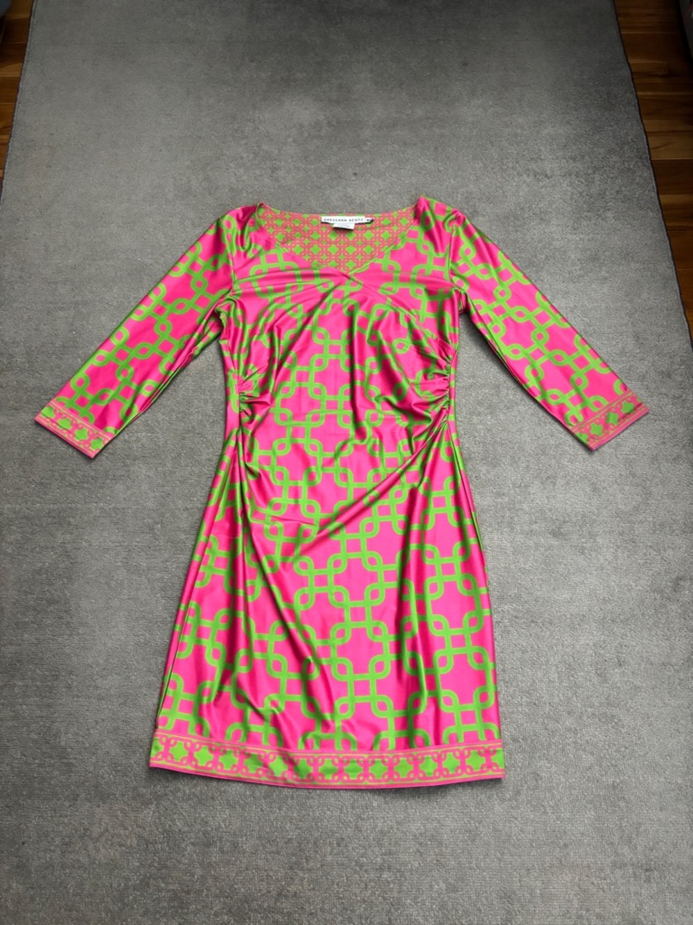 Gretchen Scott 3/4 Sleeve Faux Wrap Jersey Side Ruched Shift Dress Pink Green